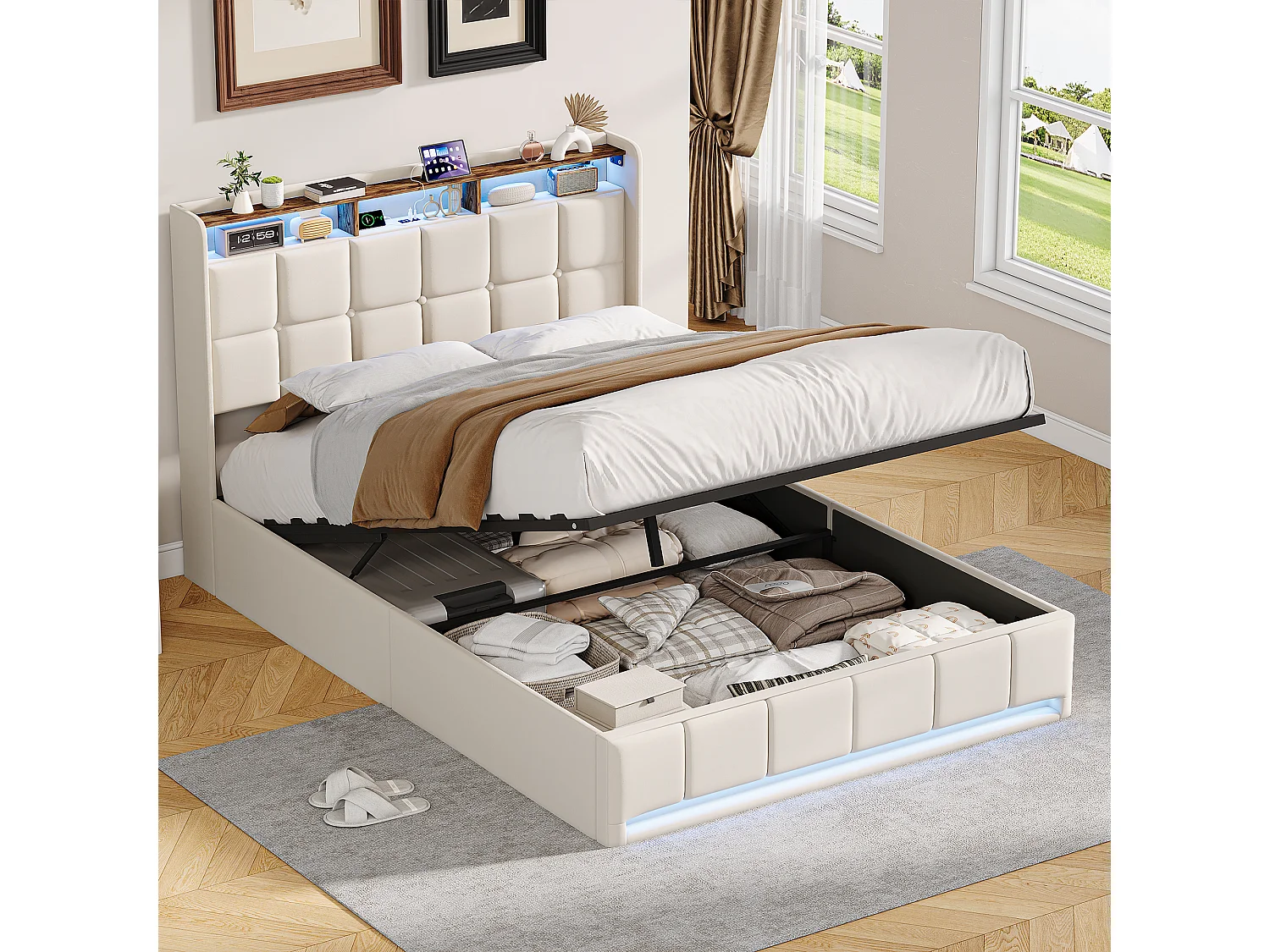 Lit double 160x200cm avec rangement hydraulique - LED et ports USB - Tête de lit avec compartiments de rangement - Lin - Beige