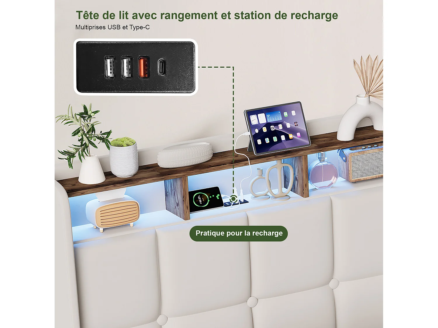 Lit double 160x200cm avec rangement hydraulique - LED et ports USB - Tête de lit avec compartiments de rangement - Lin - Beige