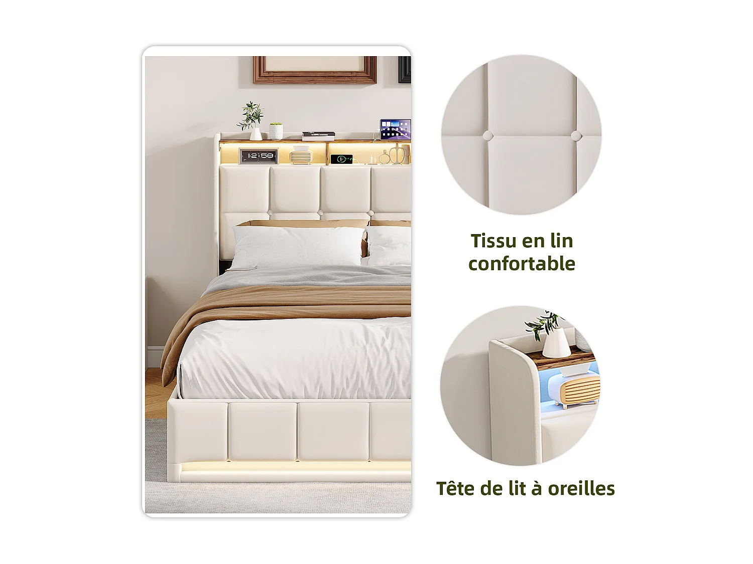 Lit double 160x200cm avec rangement hydraulique - LED et ports USB - Tête de lit avec compartiments de rangement - Lin - Beige