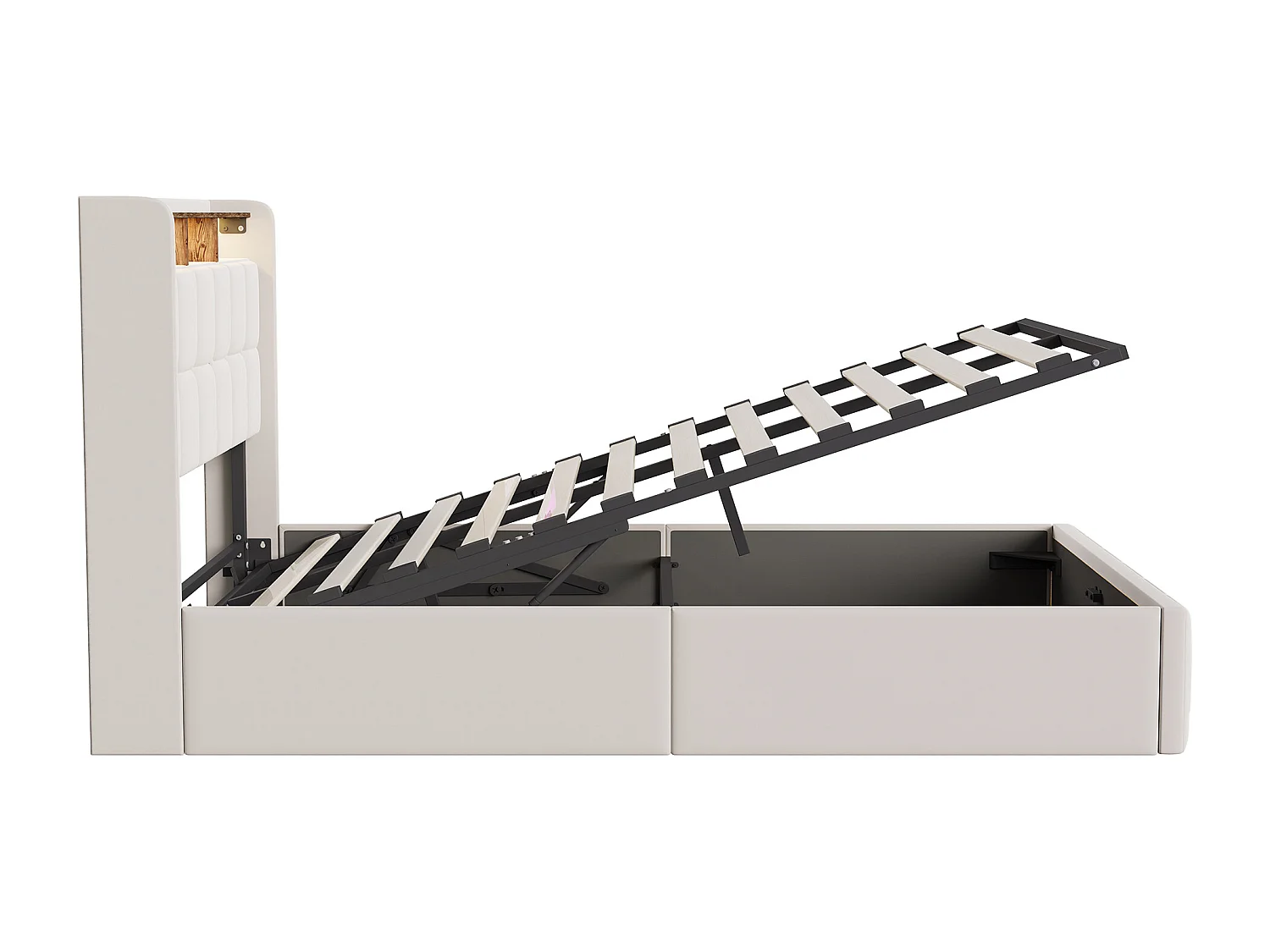 Lit double 160x200cm avec rangement hydraulique - LED et ports USB - Tête de lit avec compartiments de rangement - Lin - Beige