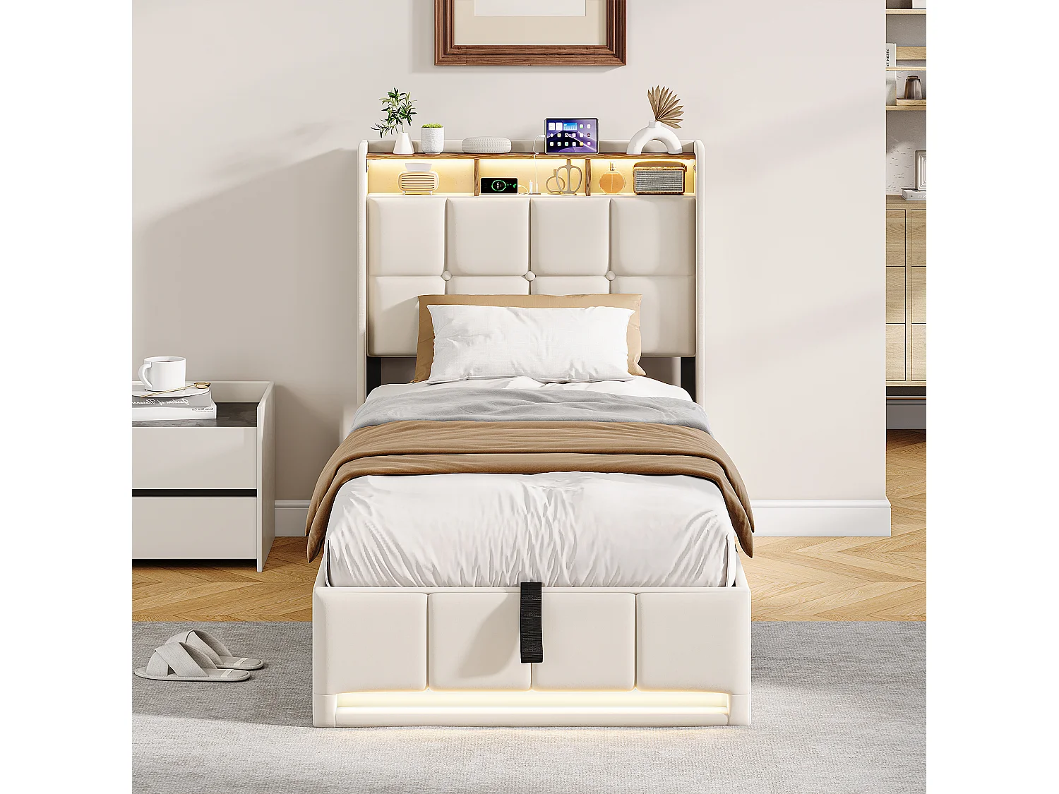 Lit simple 90x200cm avec rangement hydraulique - LED et ports USB - Tête de lit avec compartiments de rangement - Lin - Beige