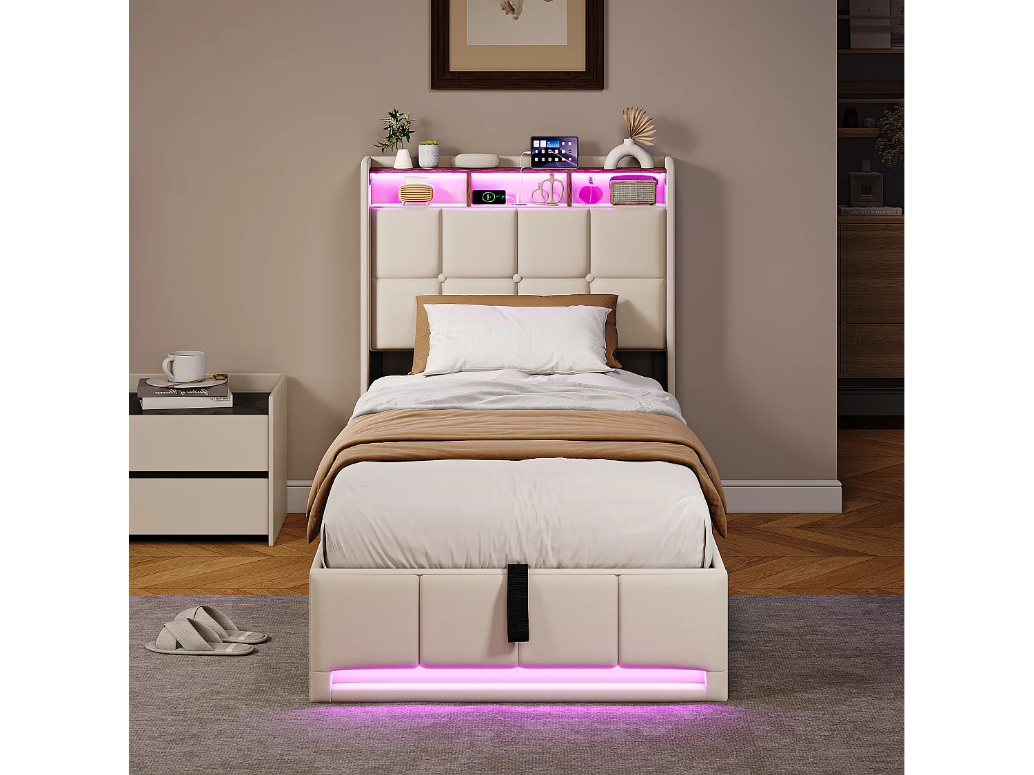 Lit simple 90x200cm avec rangement hydraulique - LED et ports USB - Tête de lit avec compartiments de rangement - Lin - Beige