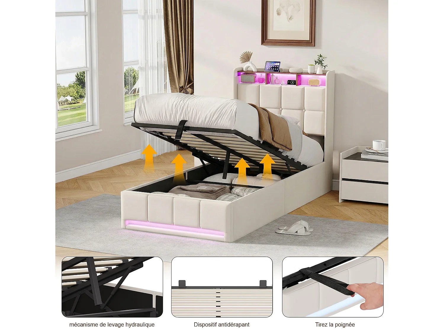 Lit simple 90x200cm avec rangement hydraulique - LED et ports USB - Tête de lit avec compartiments de rangement - Lin - Beige