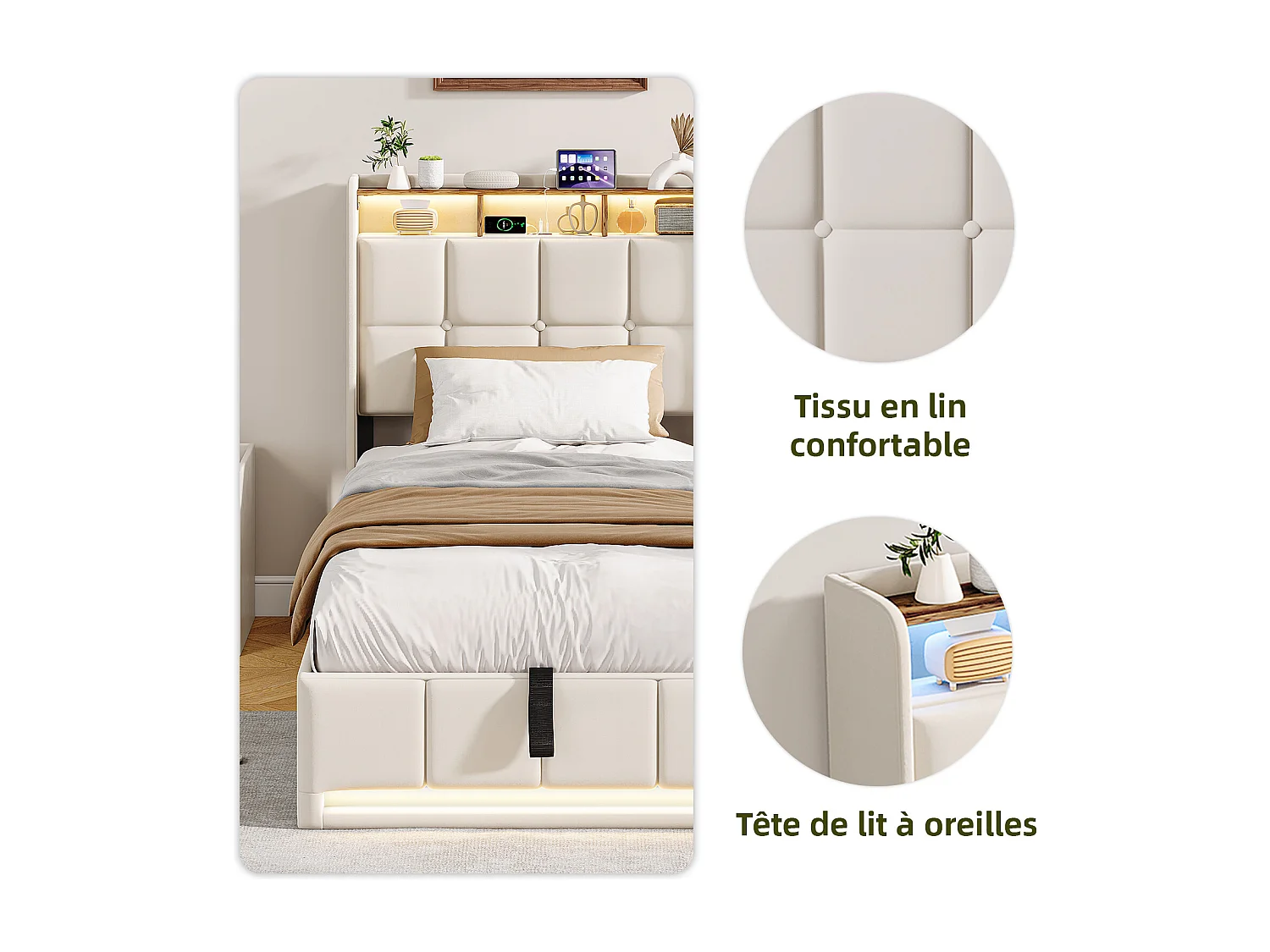 Lit simple 90x200cm avec rangement hydraulique - LED et ports USB - Tête de lit avec compartiments de rangement - Lin - Beige