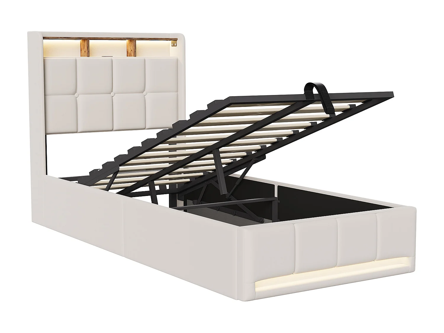 Lit simple 90x200cm avec rangement hydraulique - LED et ports USB - Tête de lit avec compartiments de rangement - Lin - Beige