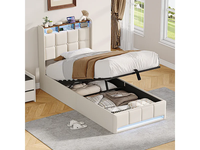 Lit simple 90x200cm avec rangement hydraulique - LED et ports USB - Tête de lit avec compartiments de rangement - Lin - Beige