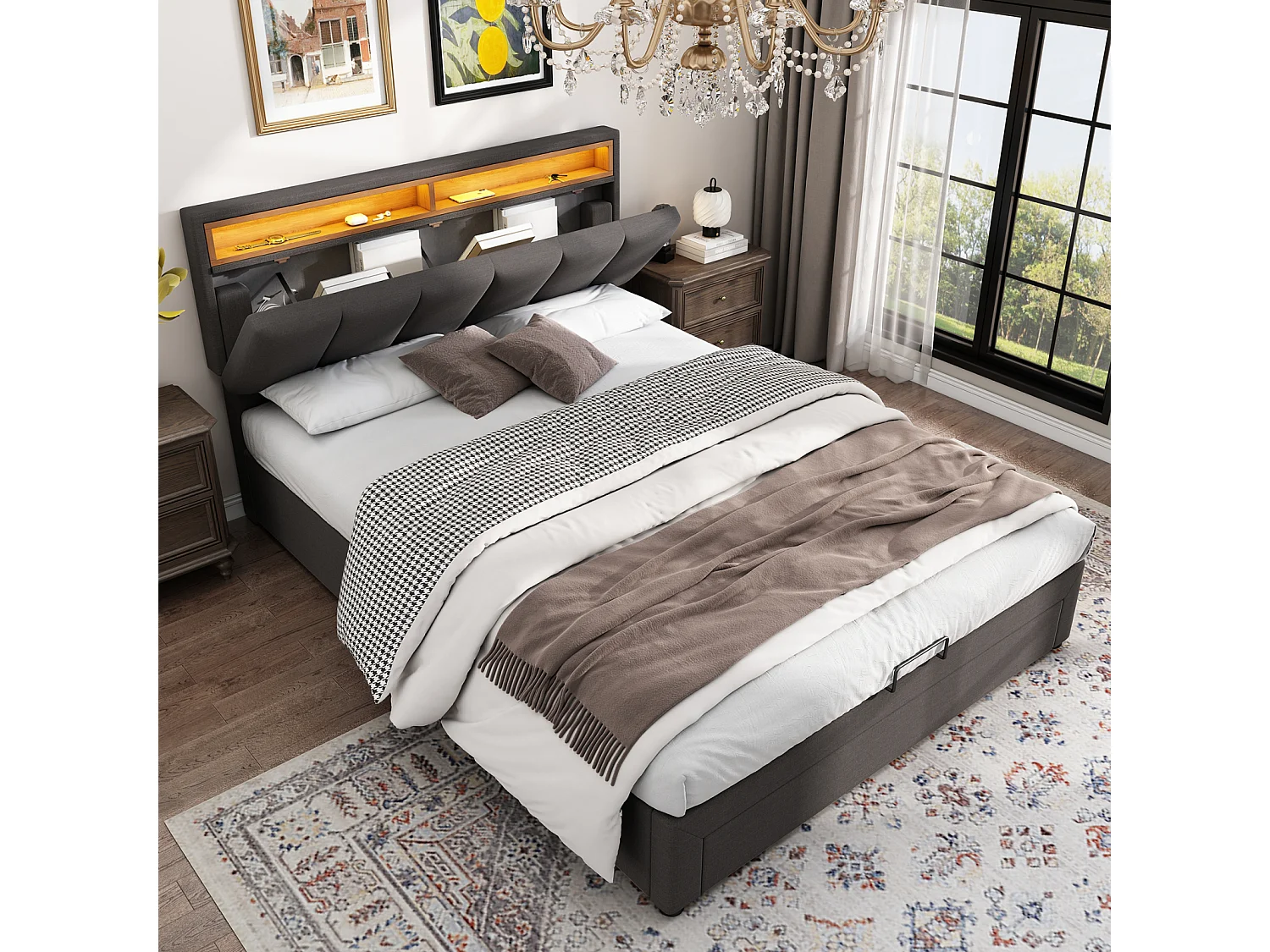 Lit double 140x190cm avec éclairage LED et 2 tiroirs - espace de rangement inclus - tête de lit réglable - lin - gris