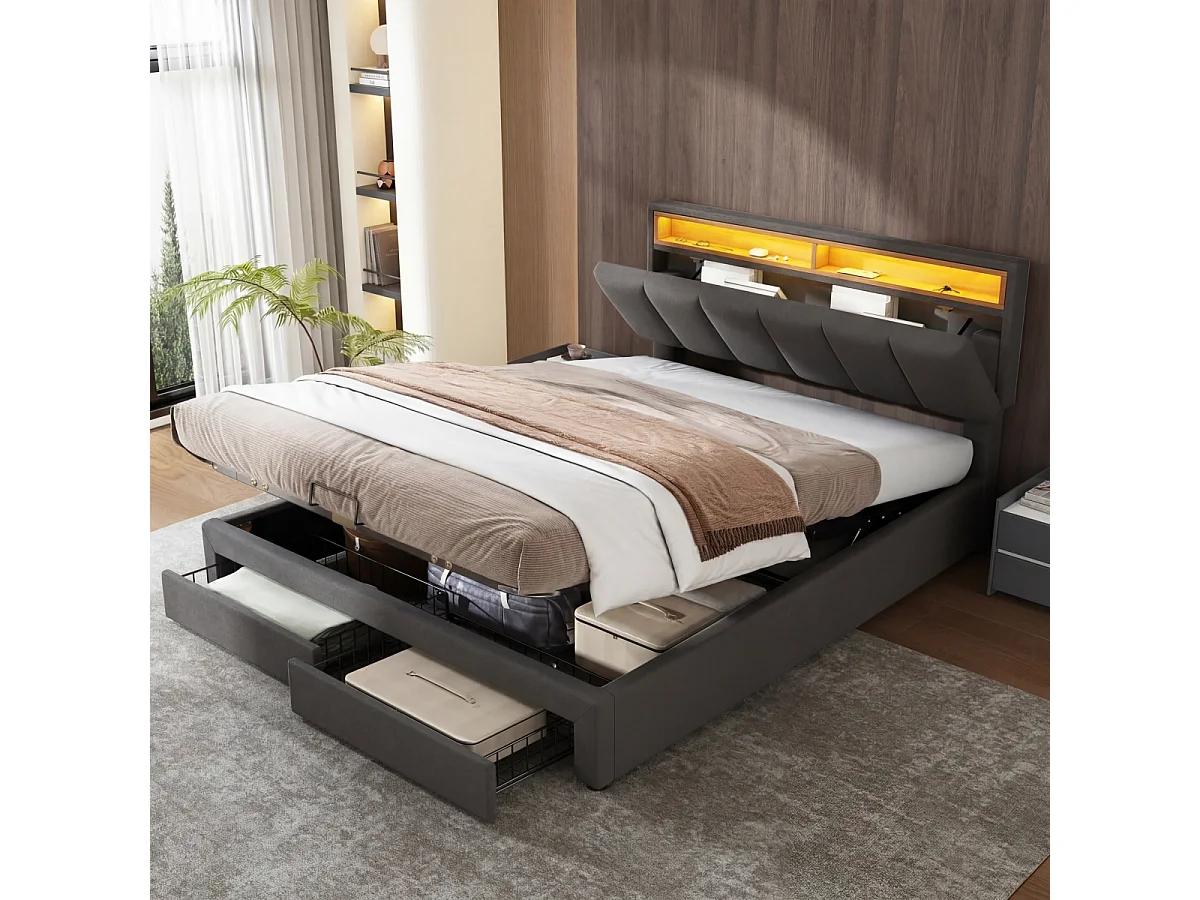 Lit double 140x190cm avec éclairage LED et 2 tiroirs - espace de rangement inclus - tête de lit réglable - lin - gris