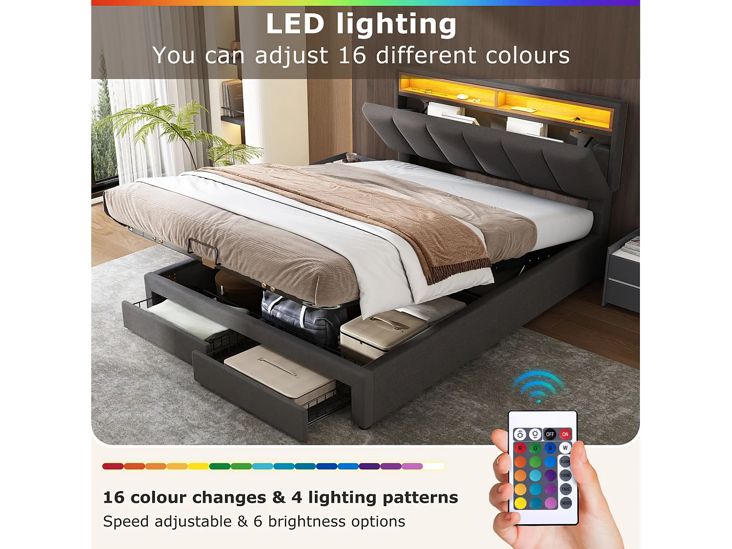 Lit double 140x190cm avec éclairage LED et 2 tiroirs - espace de rangement inclus - tête de lit réglable - lin - gris