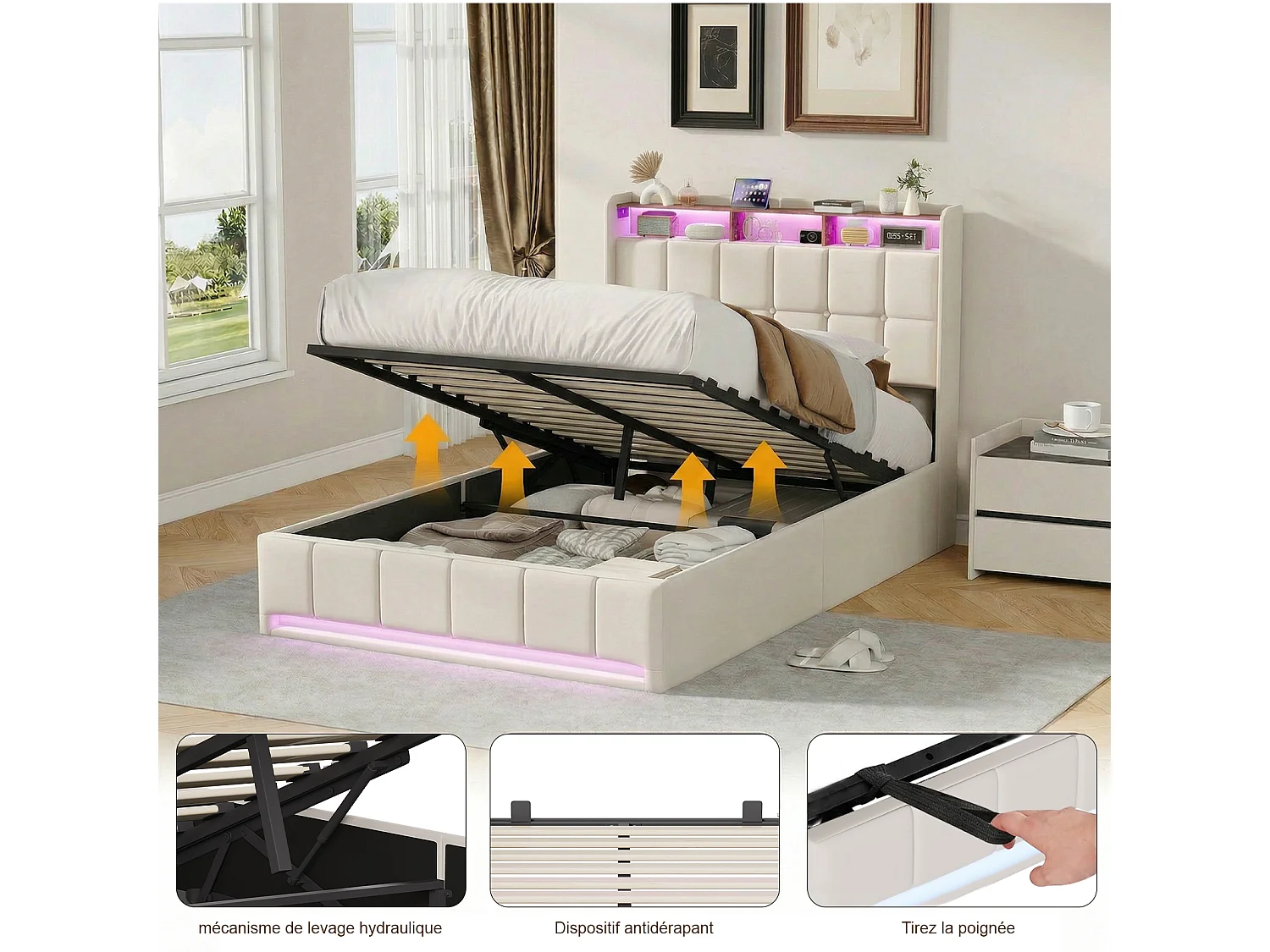 Lit double 140x190cm avec rangement hydraulique - LED et ports USB - Tête de lit avec compartiments de rangement - Lin - Beige