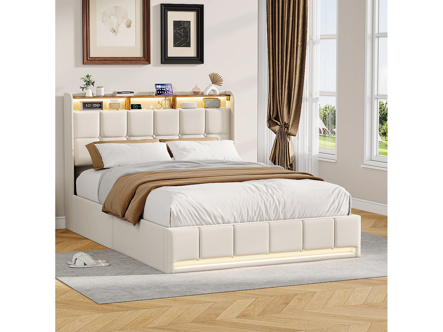 Lit double 140x190cm avec rangement hydraulique - LED et ports USB - Tête de lit avec compartiments de rangement - Lin - Beige