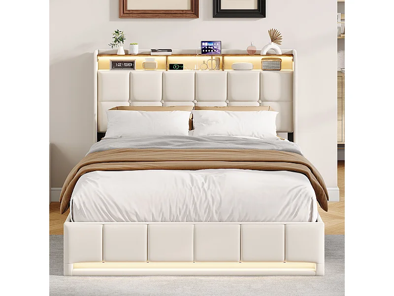 Lit double 140x190cm avec rangement hydraulique - LED et ports USB - Tête de lit avec compartiments de rangement - Lin - Beige