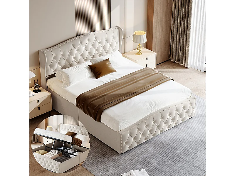 Lit double 160x200 cm - avec rangement hydraulique et sommier à lattes - velours - beige