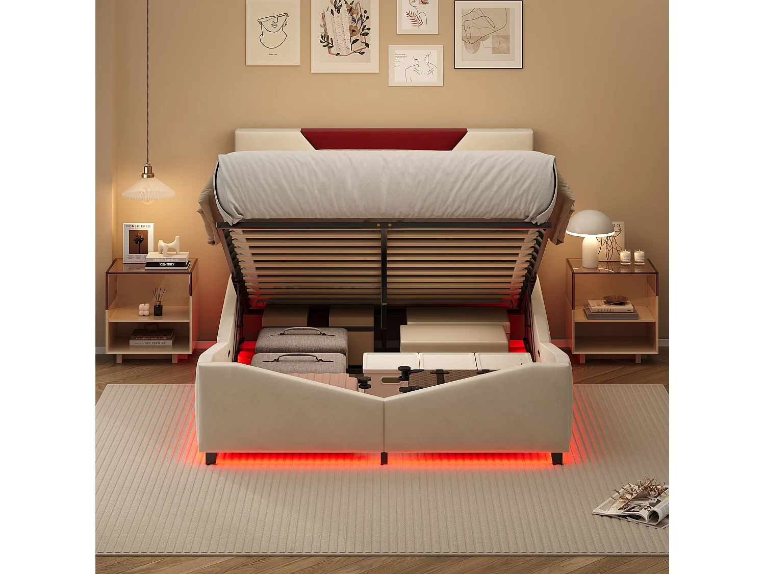 Lit double 160 x 200 cm avec rangement hydraulique et éclairage LED - tête de lit triangulaire contrastée - beige