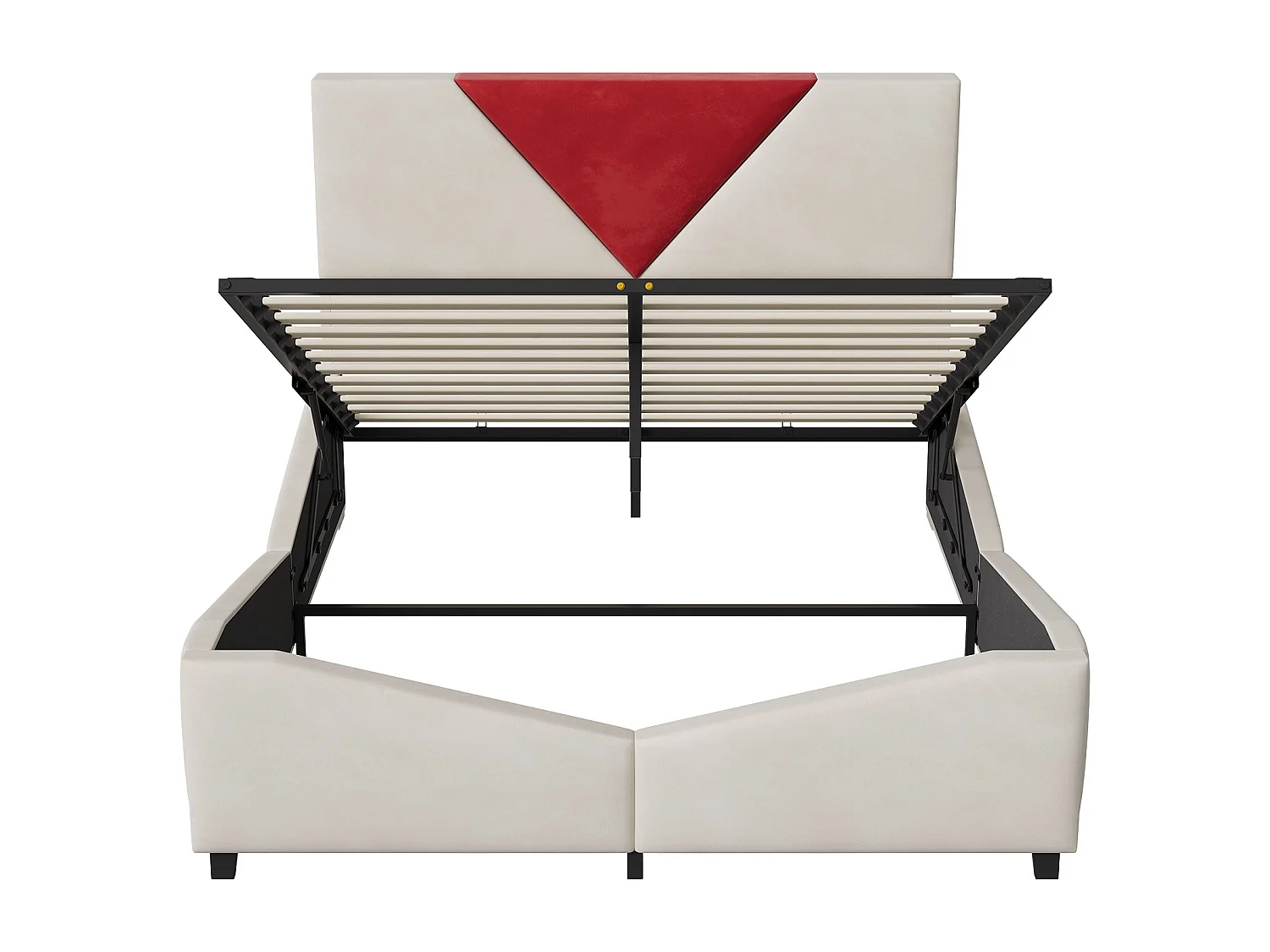 Lit double 160 x 200 cm avec rangement hydraulique et éclairage LED - tête de lit triangulaire contrastée - beige