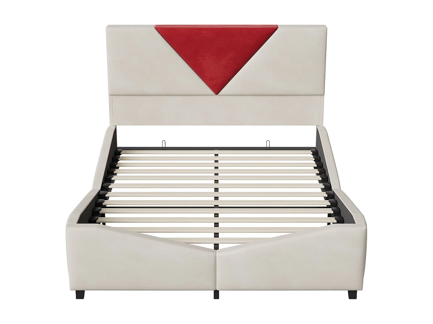 Lit double 160 x 200 cm avec rangement hydraulique et éclairage LED - tête de lit triangulaire contrastée - beige