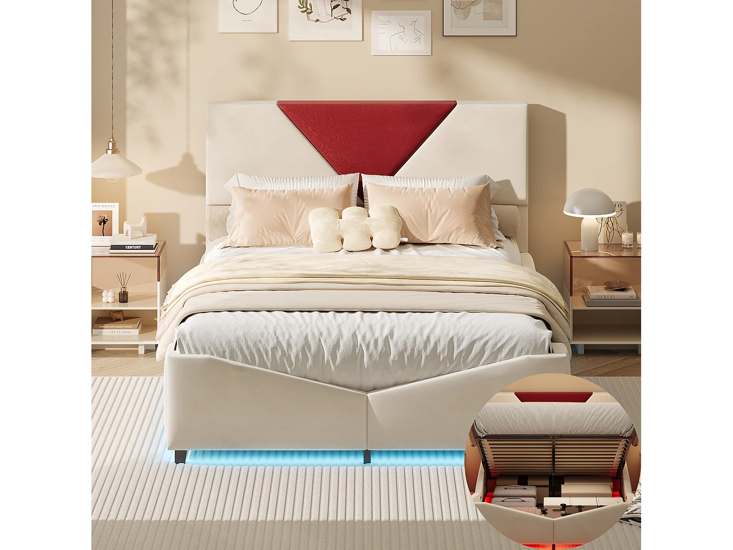 Lit double 160 x 200 cm avec rangement hydraulique et éclairage LED - tête de lit triangulaire contrastée - beige