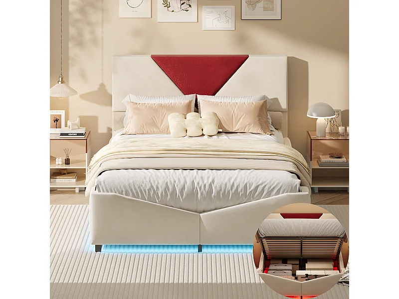 Lit double 160 x 200 cm avec rangement hydraulique et éclairage LED - tête de lit triangulaire contrastée - beige