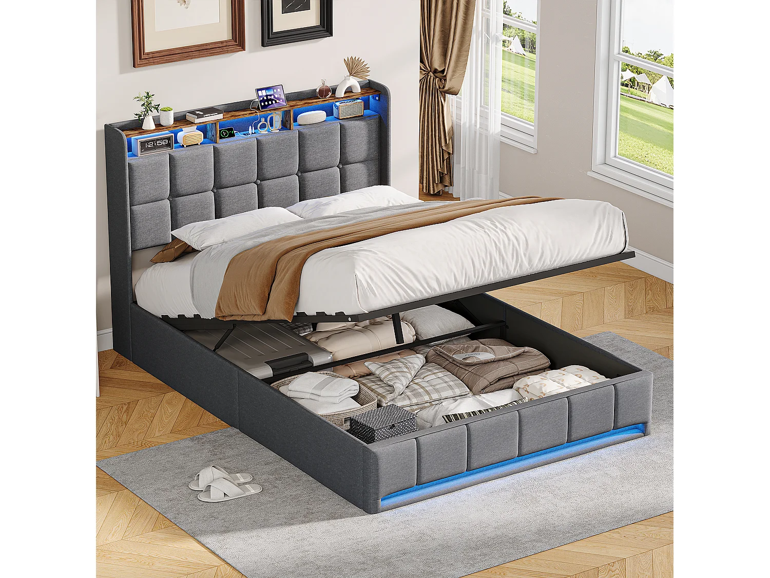 Lit double 140x200cm avec espace de rangement hydraulique - avec LED et USB - lin - gris