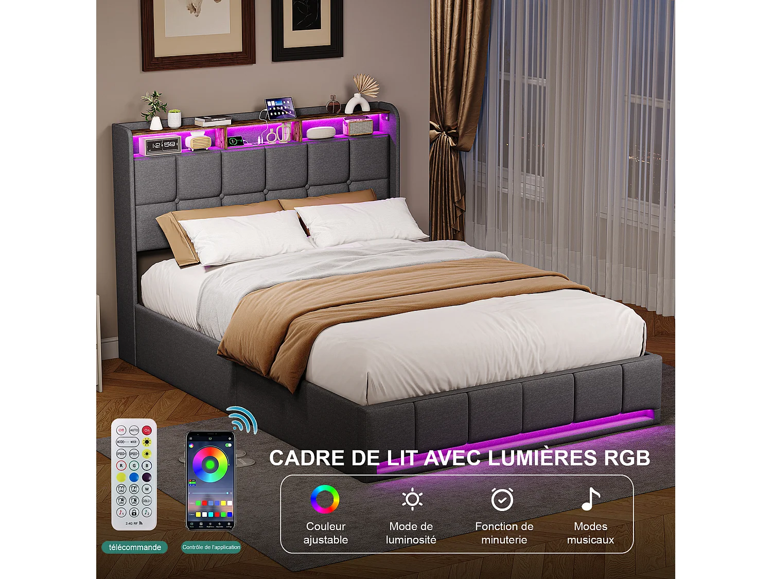 Lit double 140x200cm avec espace de rangement hydraulique - avec LED et USB - lin - gris