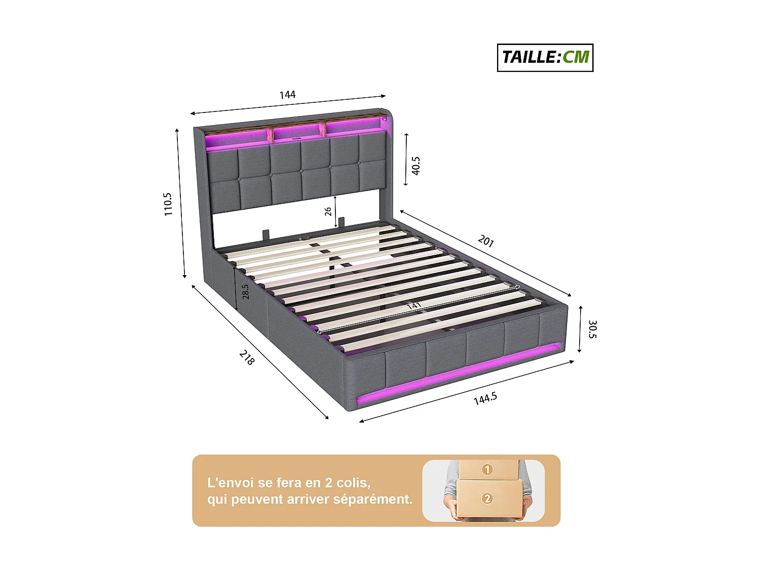 Lit double 140x200cm avec espace de rangement hydraulique - avec LED et USB - lin - gris