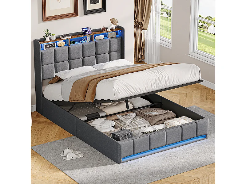 Lit double 140x200cm avec espace de rangement hydraulique - avec LED et USB - lin - gris