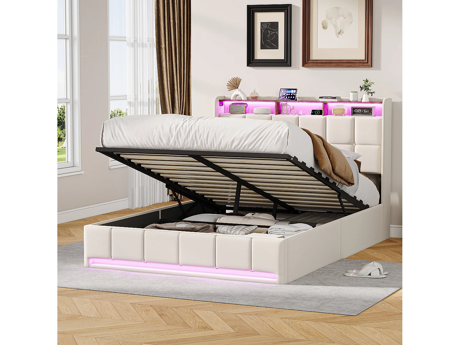 Lit double 140x200cm avec espace de rangement hydraulique - avec LED et USB - lin - beige