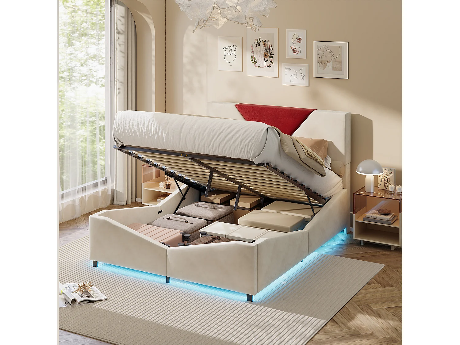 Lit double 140 x 190 cm avec rangement hydraulique et éclairage LED - tête de lit triangulaire contrastée - beige