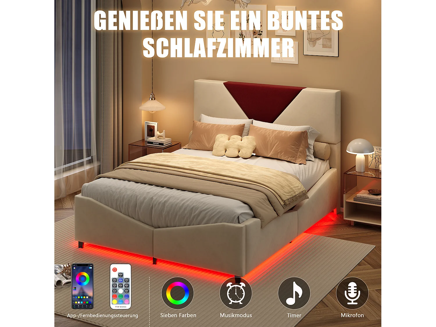 Lit double 140 x 190 cm avec rangement hydraulique et éclairage LED - tête de lit triangulaire contrastée - beige