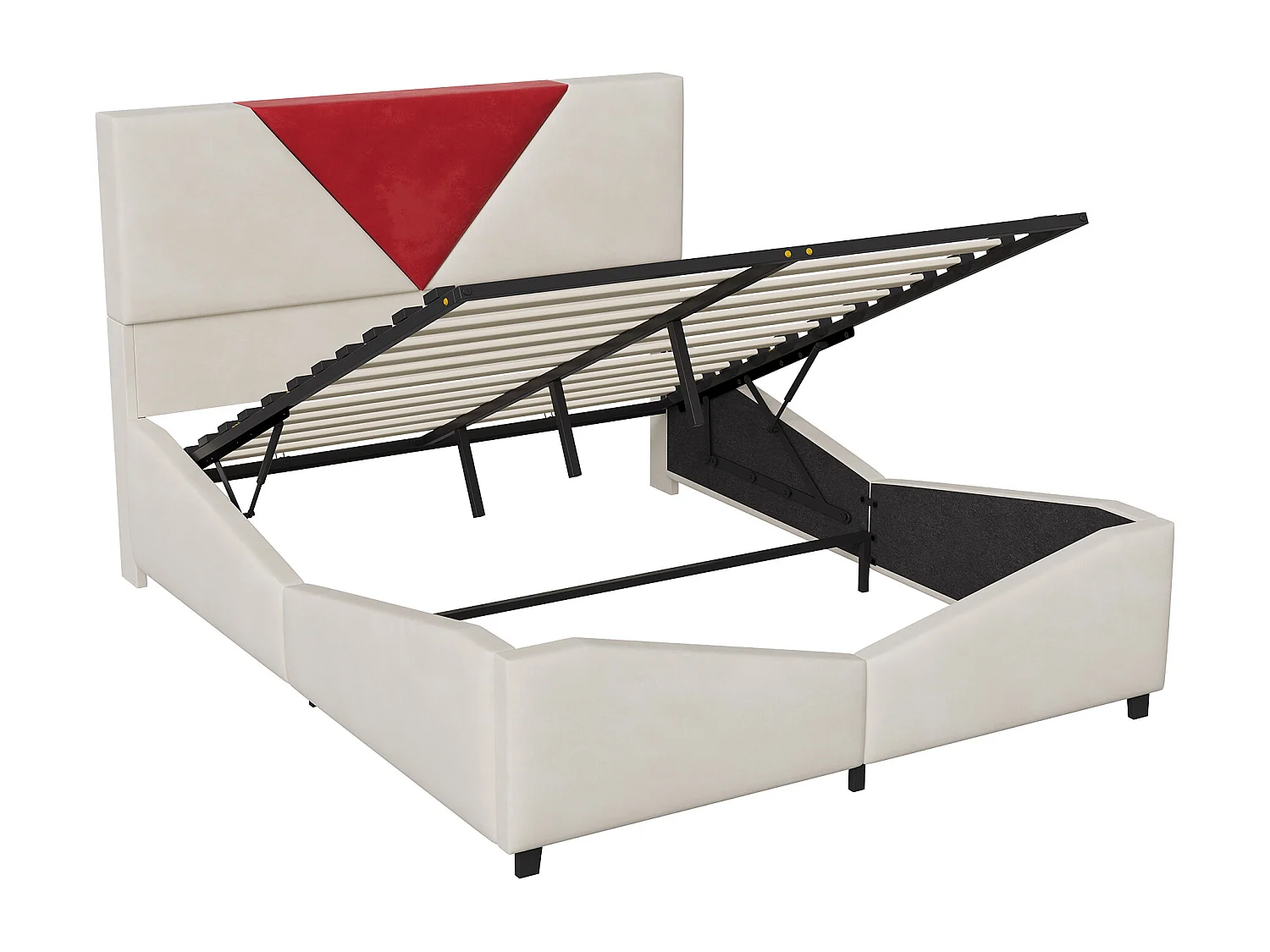 Lit double 140 x 190 cm avec rangement hydraulique et éclairage LED - tête de lit triangulaire contrastée - beige