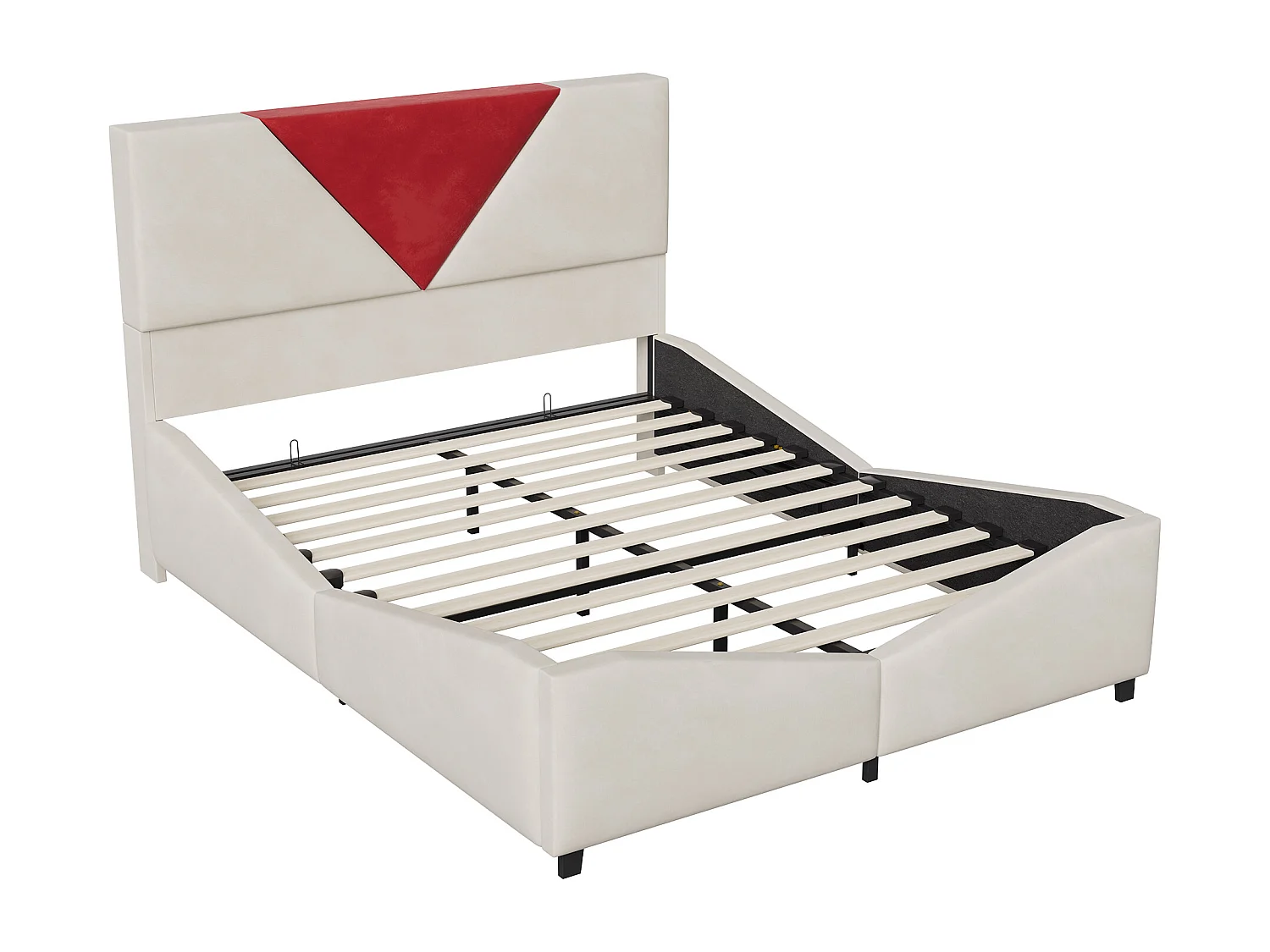 Lit double 140 x 190 cm avec rangement hydraulique et éclairage LED - tête de lit triangulaire contrastée - beige