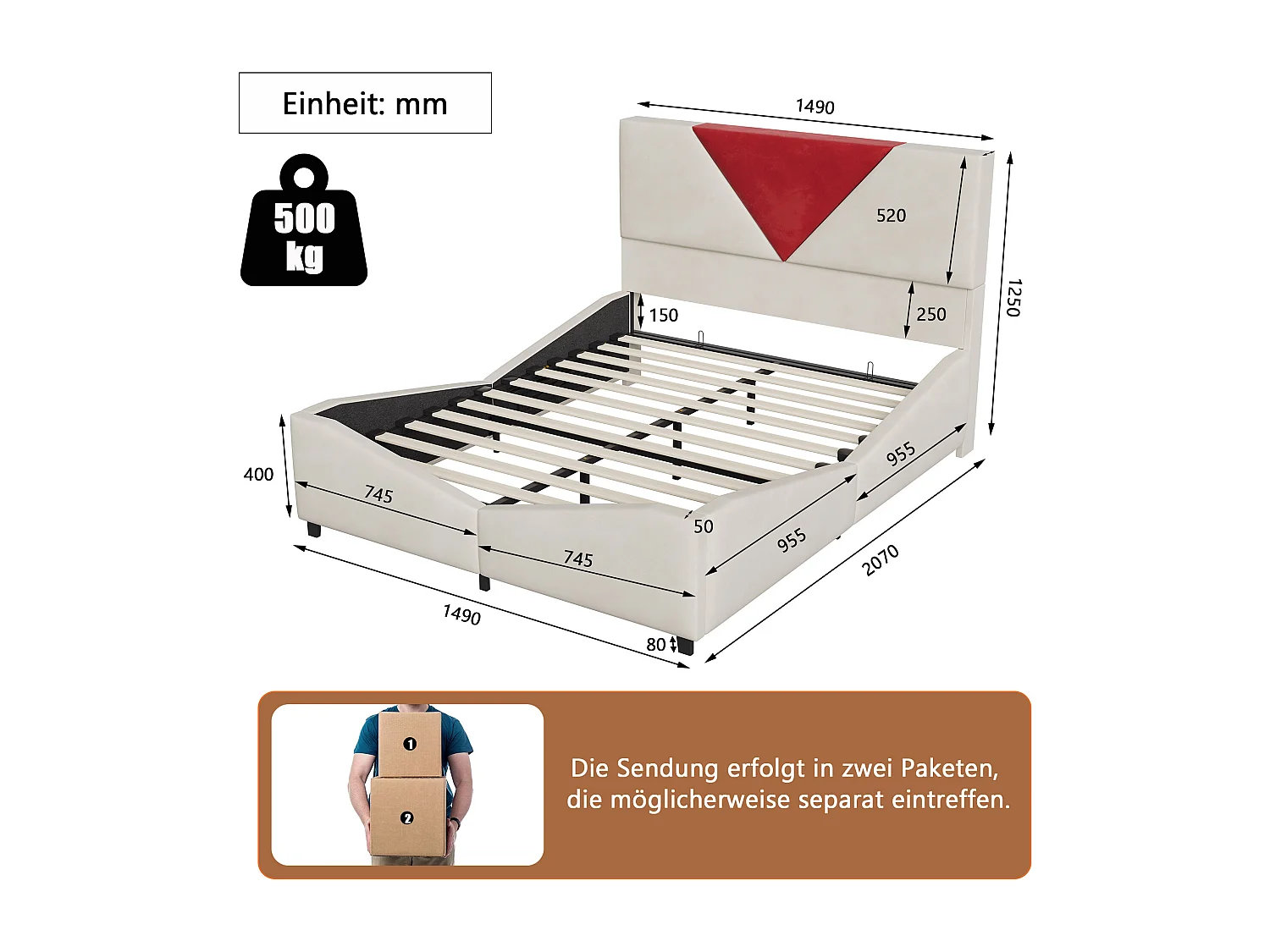 Lit double 140 x 190 cm avec rangement hydraulique et éclairage LED - tête de lit triangulaire contrastée - beige