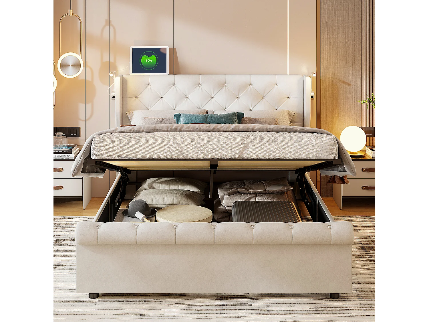 Lit coffre 160x200 cm - avec lampe de chevet et port USB - avec rangement hydraulique - velours - beige