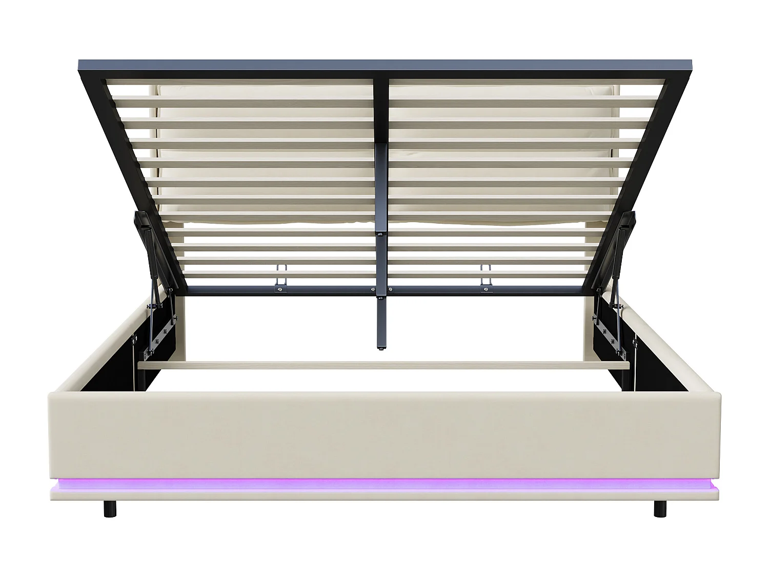 Lit double 140x200cm avec dossier zippé - LED et ports USB - espace de rangement hydraulique - velours - beige