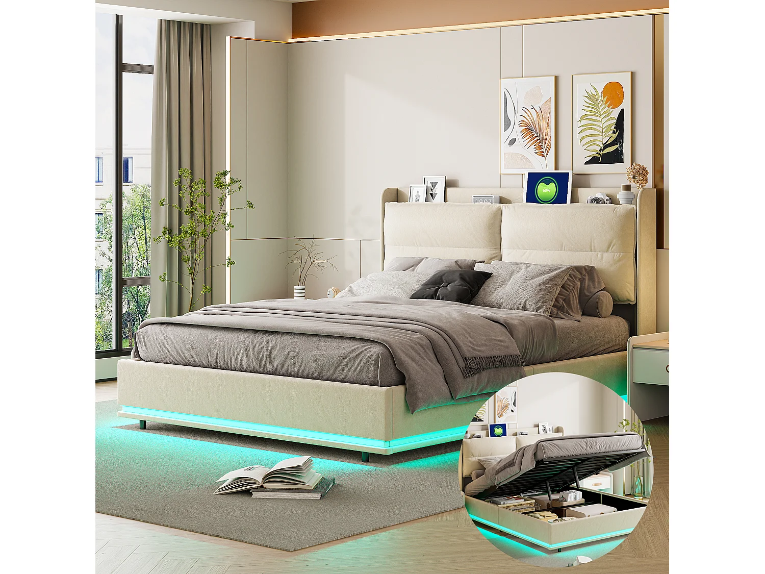 Lit double 140x200cm avec dossier zippé - LED et ports USB - espace de rangement hydraulique - velours - beige