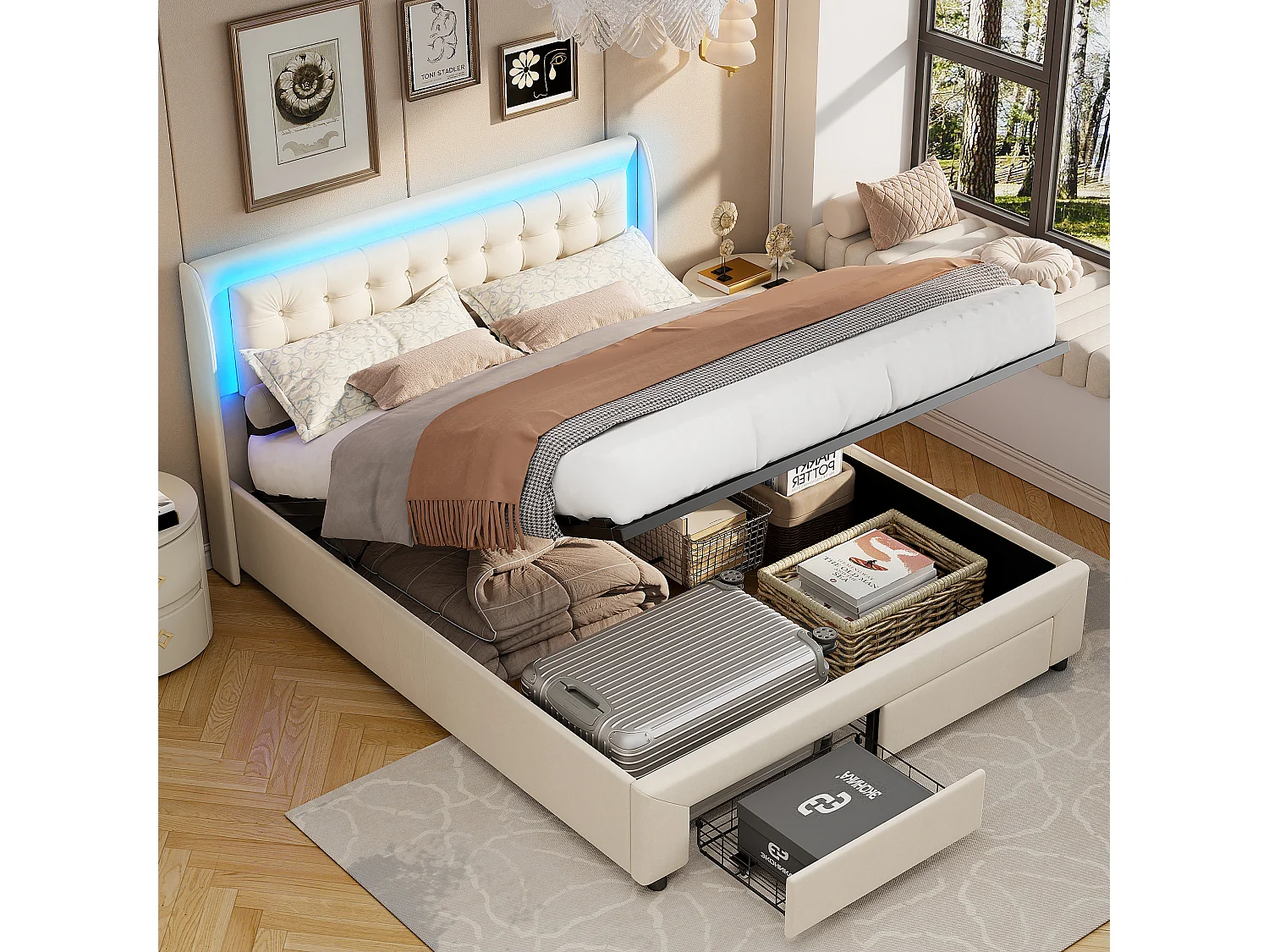 Lit double 180x200 cm avec éclairage LED - avec espace de rangement hydraulique et 2 tiroirs - Velours - Beige