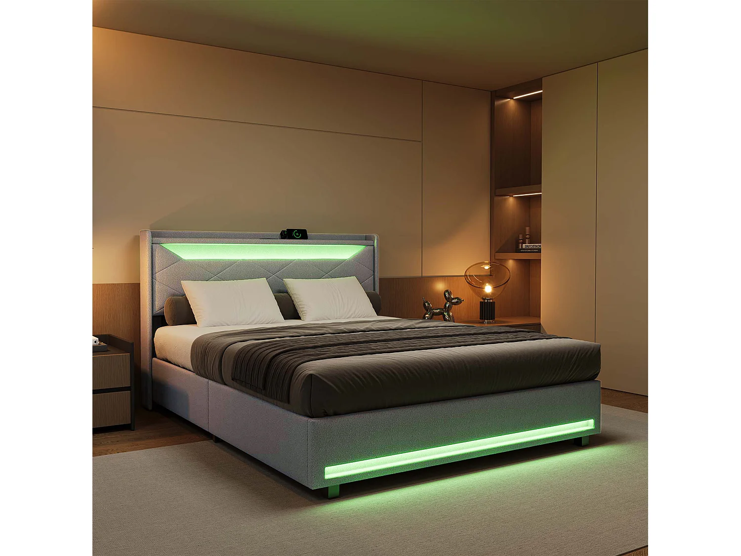 Lit coffre 140x200 cm avec espace de rangement hydraulique - tête de lit avec LED et port USB - lin - gris