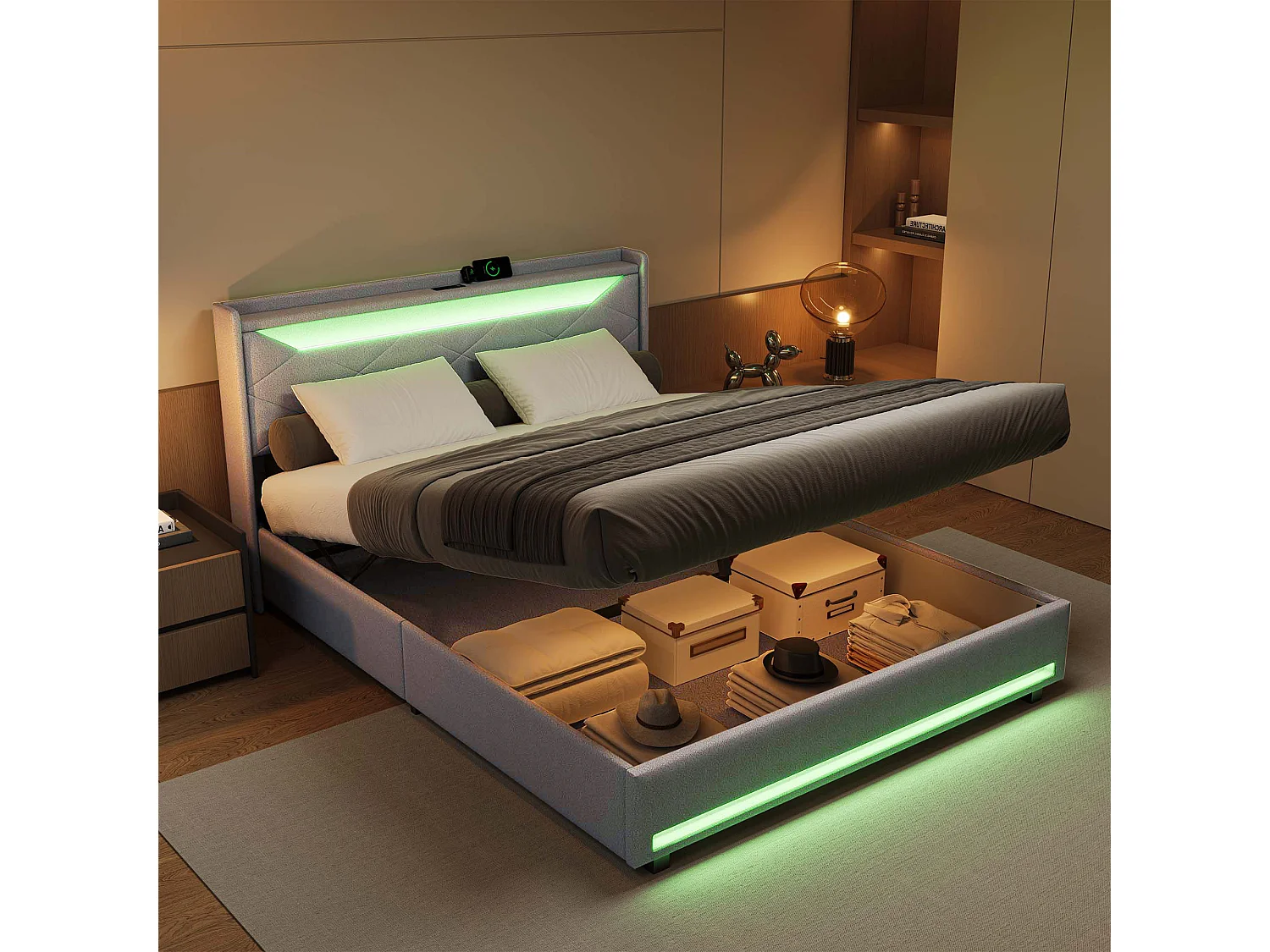 Lit coffre 140x200 cm avec espace de rangement hydraulique - tête de lit avec LED et port USB - lin - gris