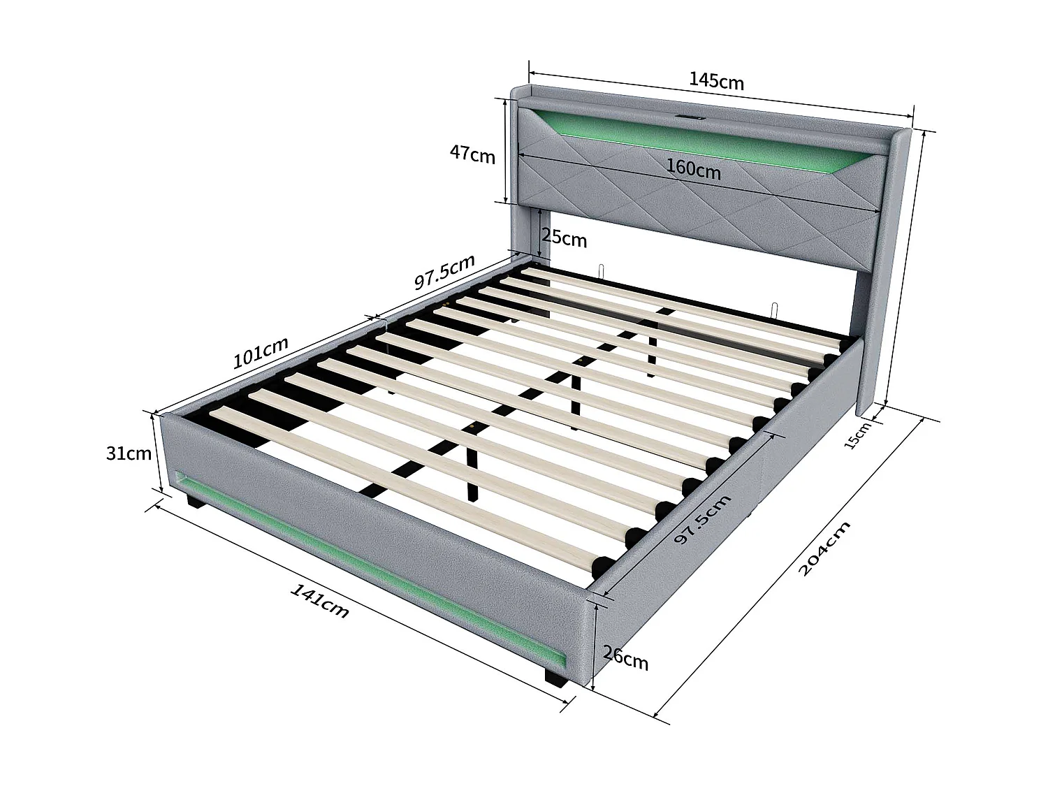 Lit coffre 140x200 cm avec espace de rangement hydraulique - tête de lit avec LED et port USB - lin - gris