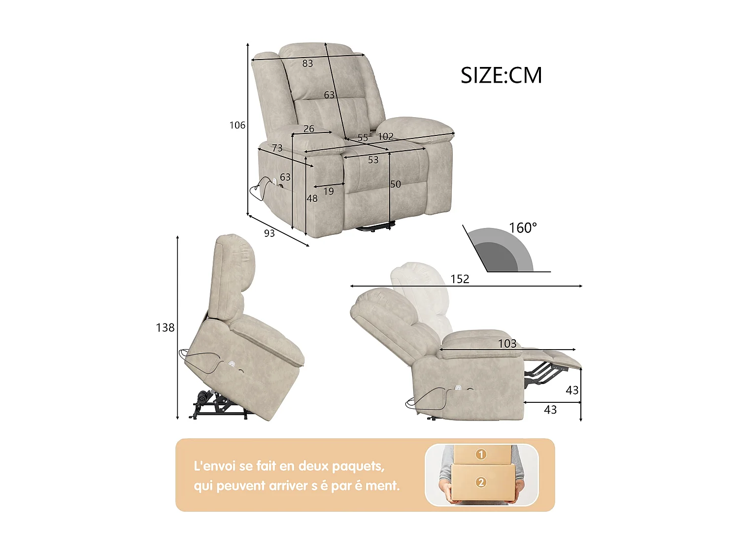 Fauteuil de massage électrique avec 8 points de massage et fonction chauffante - dossier réglable - 2 poches latérales - brun