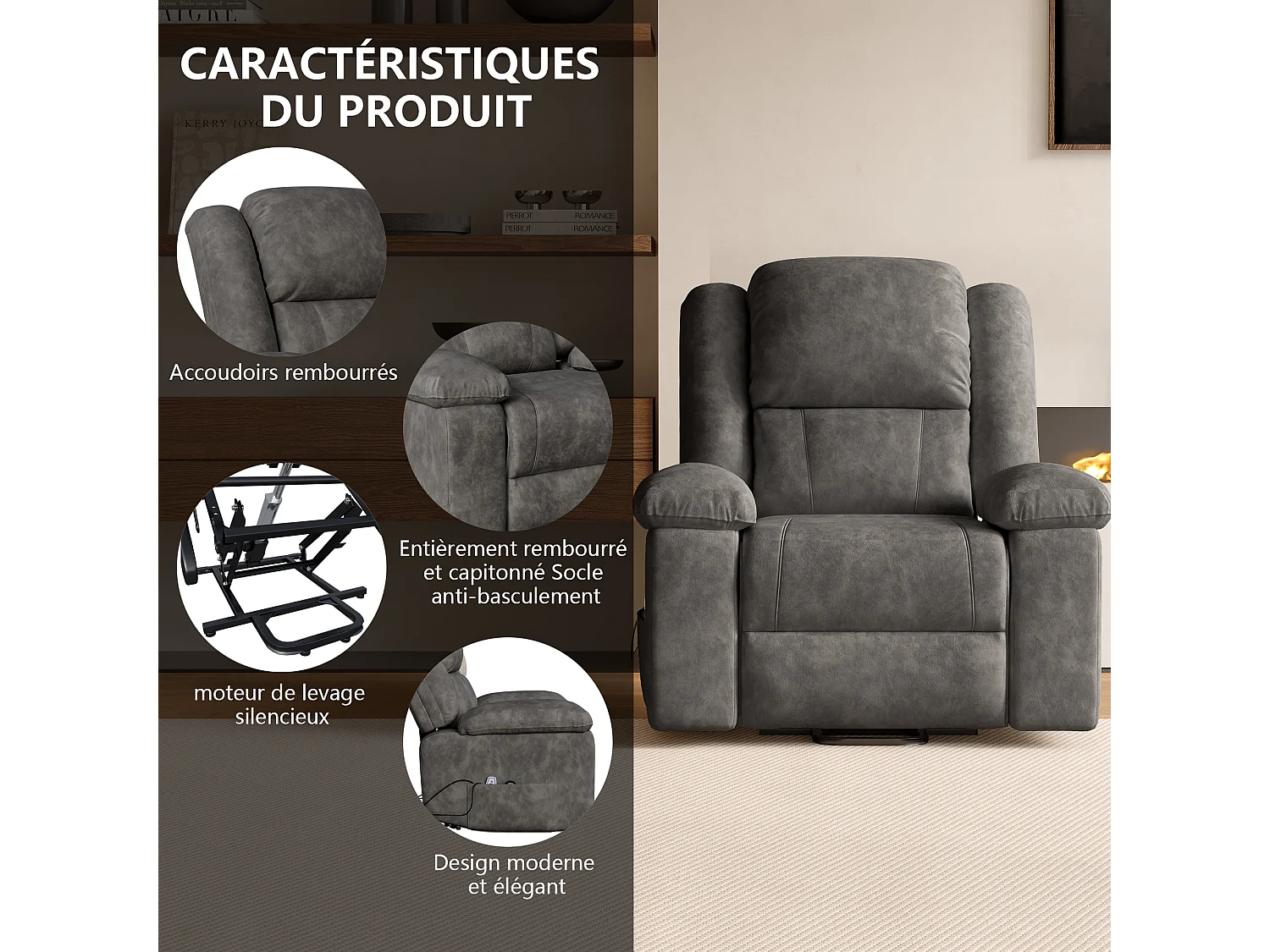Fauteuil de massage électrique avec 8 points de massage et fonction chauffante - dossier réglable - 2 poches latérales - gris