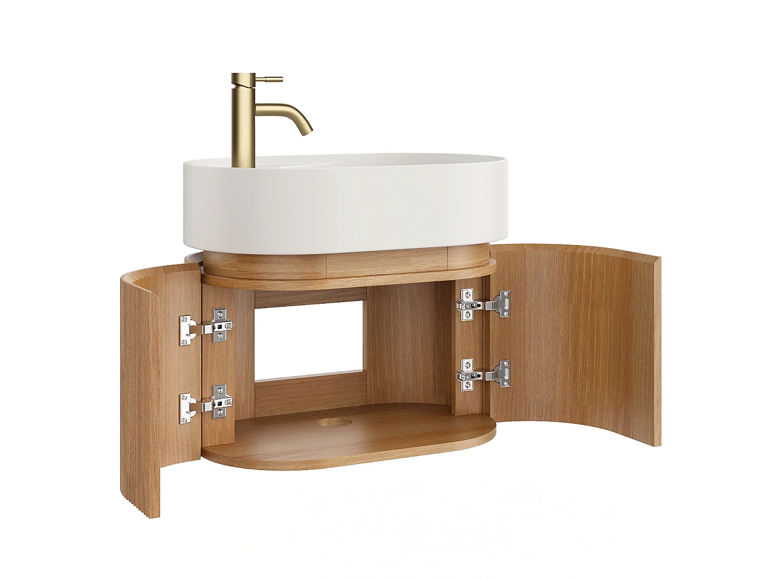 Meuble de salle de bain strié suspendu en bois de frêne avec vasque en résine blanc mat et robinet - Naturel clair - 60 x 51 x 37 cm - PROTEA