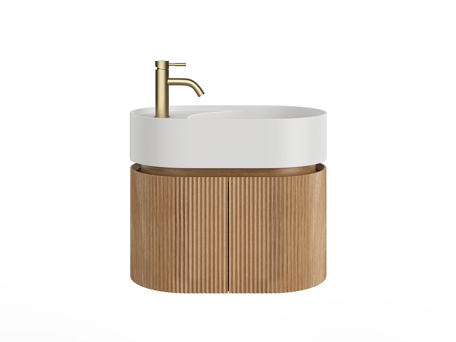 Meuble de salle de bain strié suspendu en bois de frêne avec vasque en résine blanc mat et robinet - Naturel clair - 60 x 51 x 37 cm - PROTEA