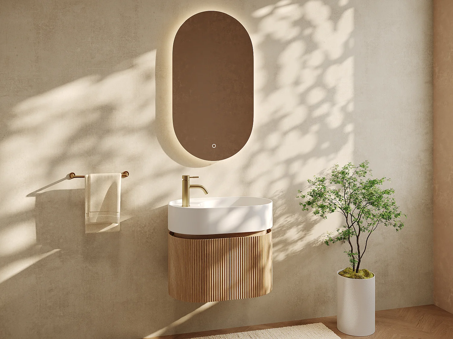 Meuble de salle de bain strié suspendu en bois de frêne avec vasque en résine blanc mat, robinet et miroir - Naturel clair - 60 x 51 x 37 cm - PROTEA