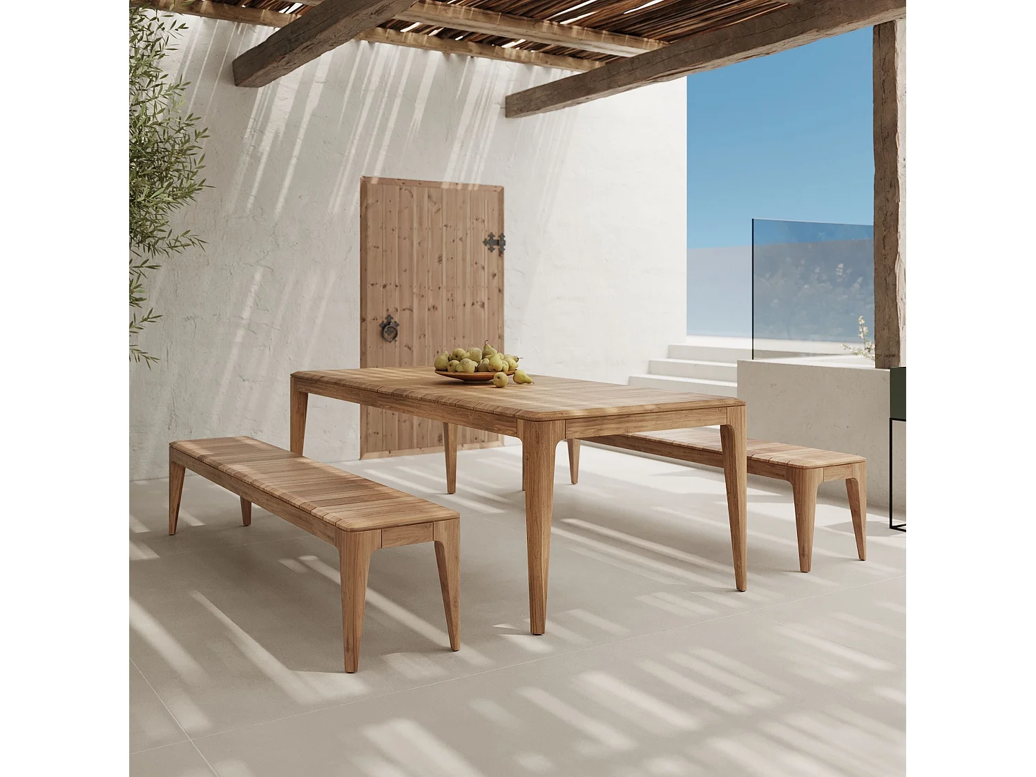 Table et bancs de jardin en bois de teck recyclé 10 personnes - Nonza