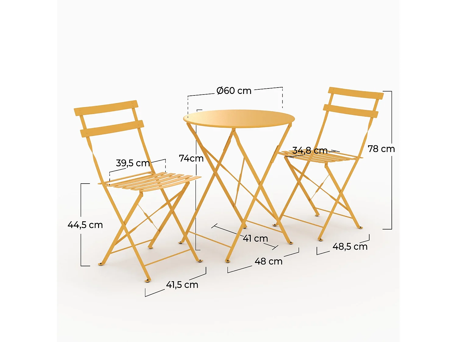 Tavolo rotondo e sedie pieghevoli da giardino 2 posti gialle - Kayla