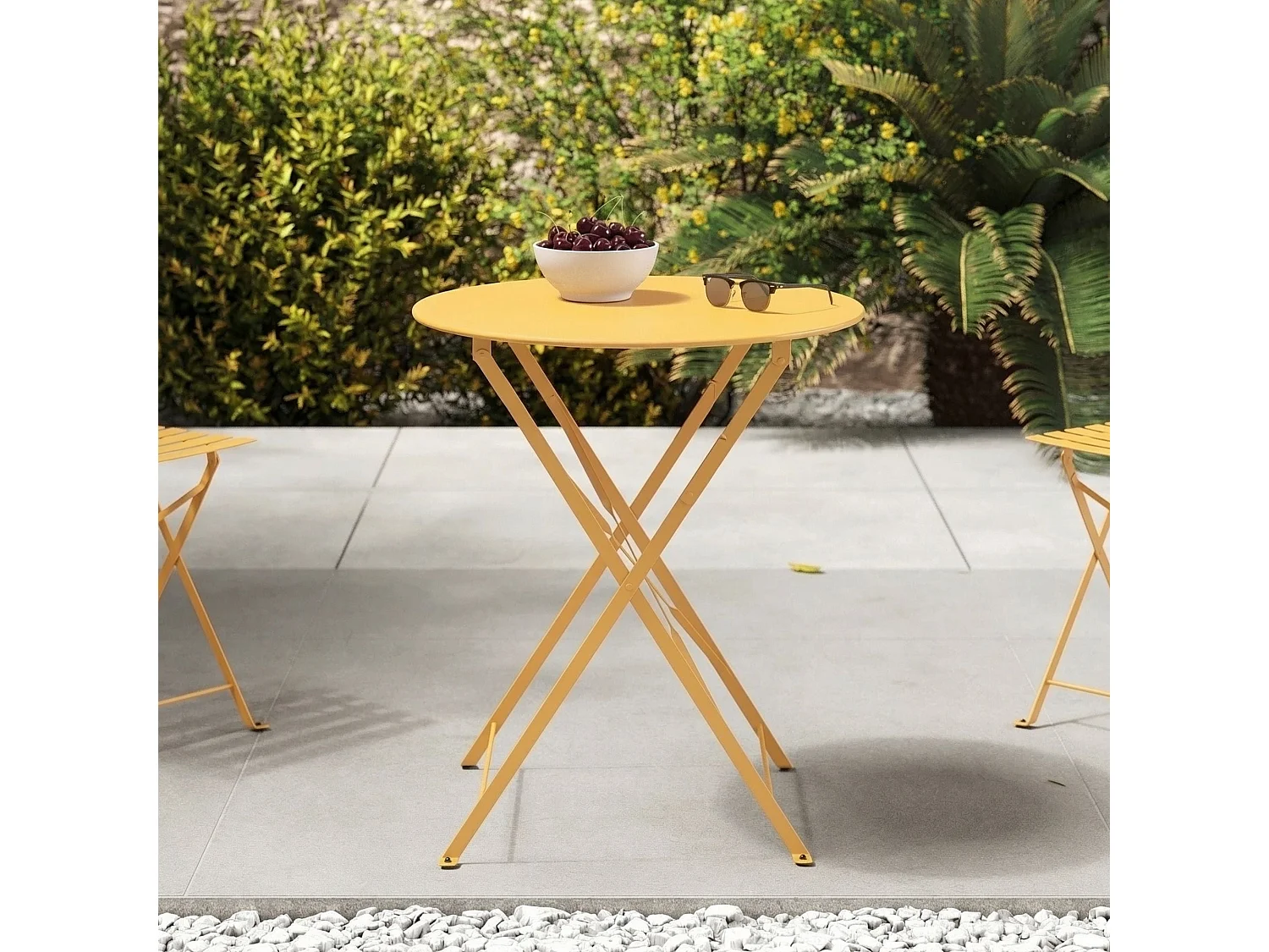 Tavolo rotondo e sedie pieghevoli da giardino 2 posti gialle - Kayla