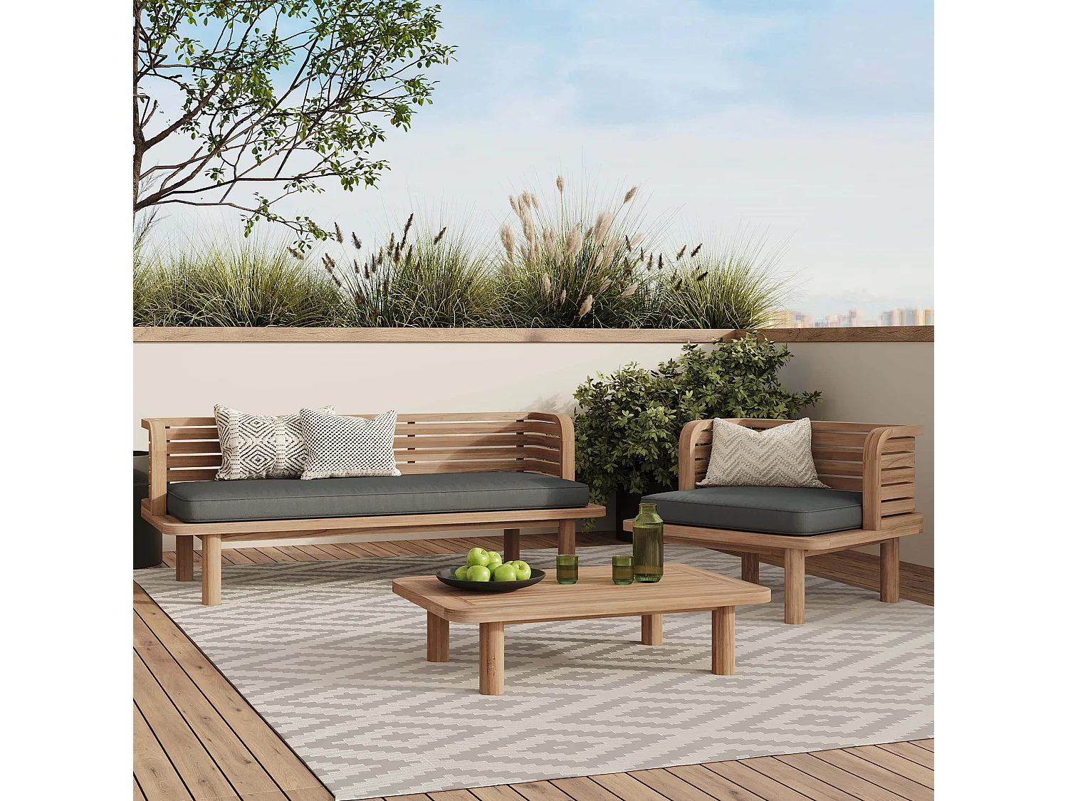 Fauteuil de jardin en teck massif et coussin gris - Kilda