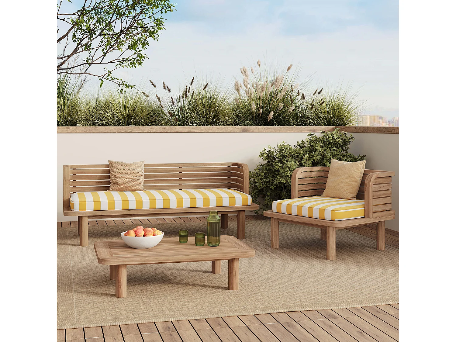 Fauteuil de jardin en teck massif et coussin rayé jaune - Kilda