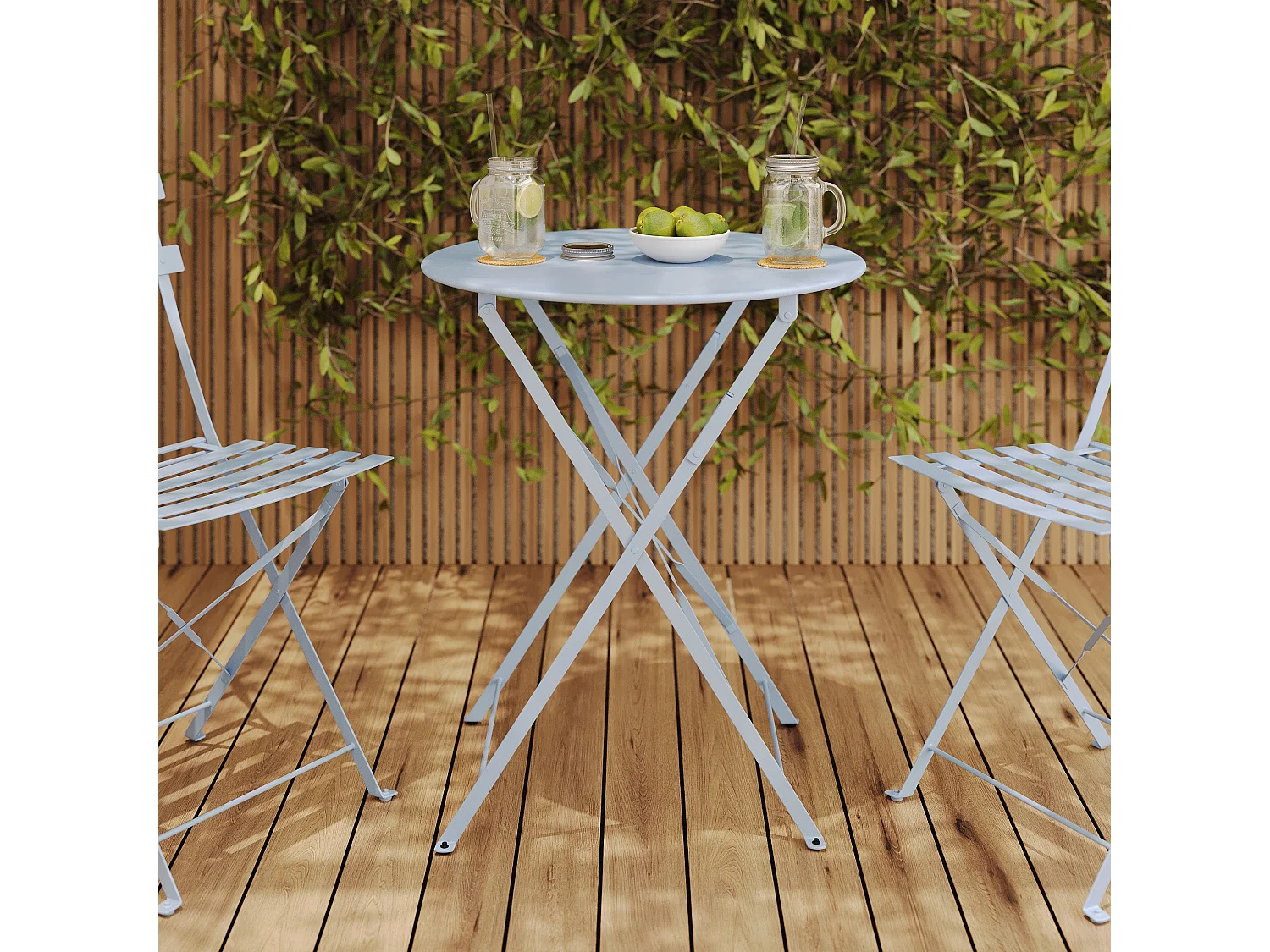 Tavolo rotondo e sedie pieghevoli da giardino 2 posti in metallo blu - Kayla